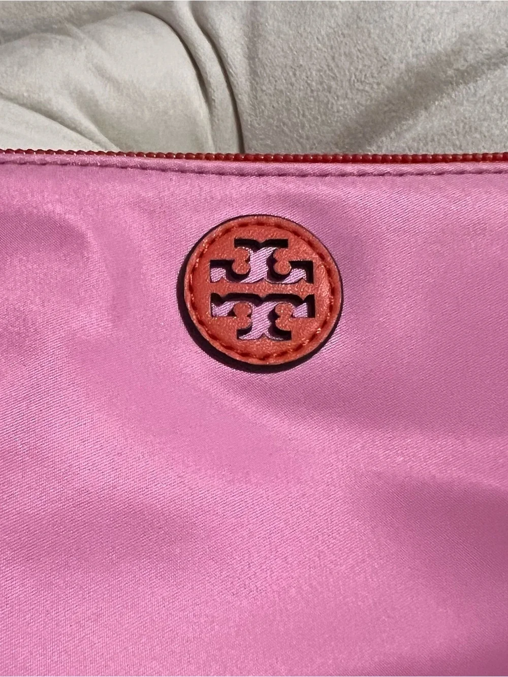 Tory Burch Pink Nylon Cosmetic Pouch Clutch Zip Travel Makeup Bag w/ Orange Logo